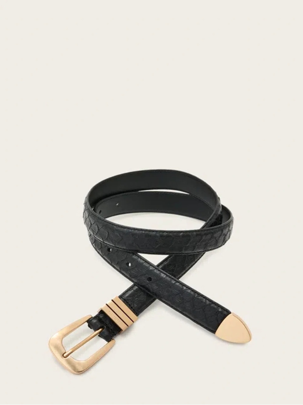All Saints Black Textured Leather Belt with Gold Buckle